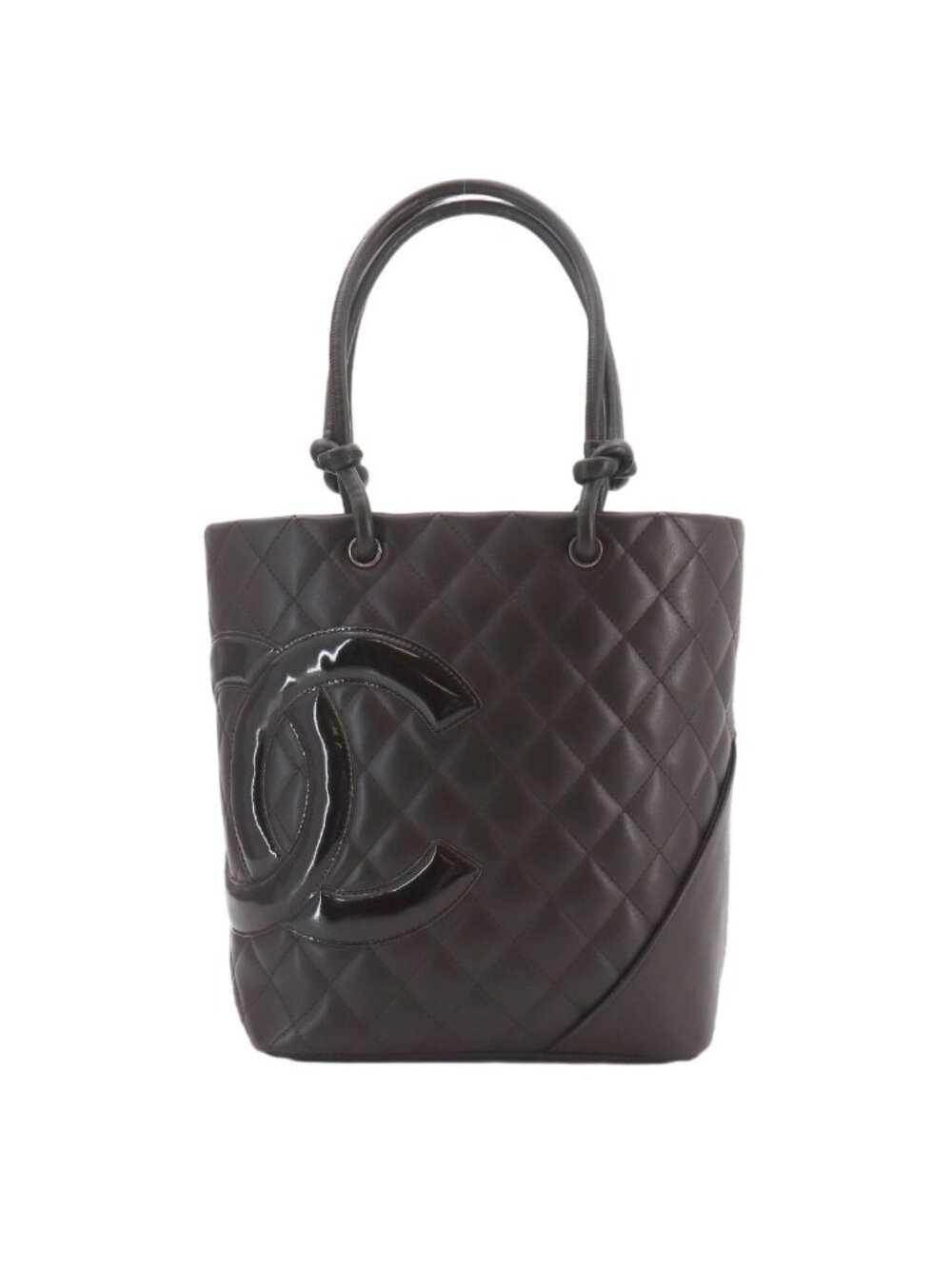 Chanel Cambon Line Tote Bag Calfskin Enamel Brown Silver